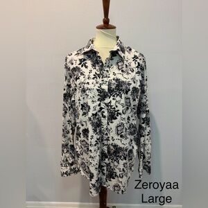 Zeroyaa Women's Black and White Floral Button Down Shirt